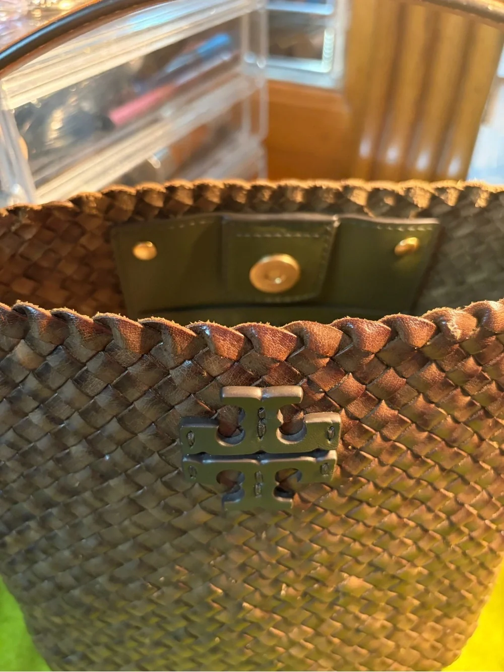 Tory Burch Brown trim Olive Woven Leather GOLD TONE BUCKET BAG